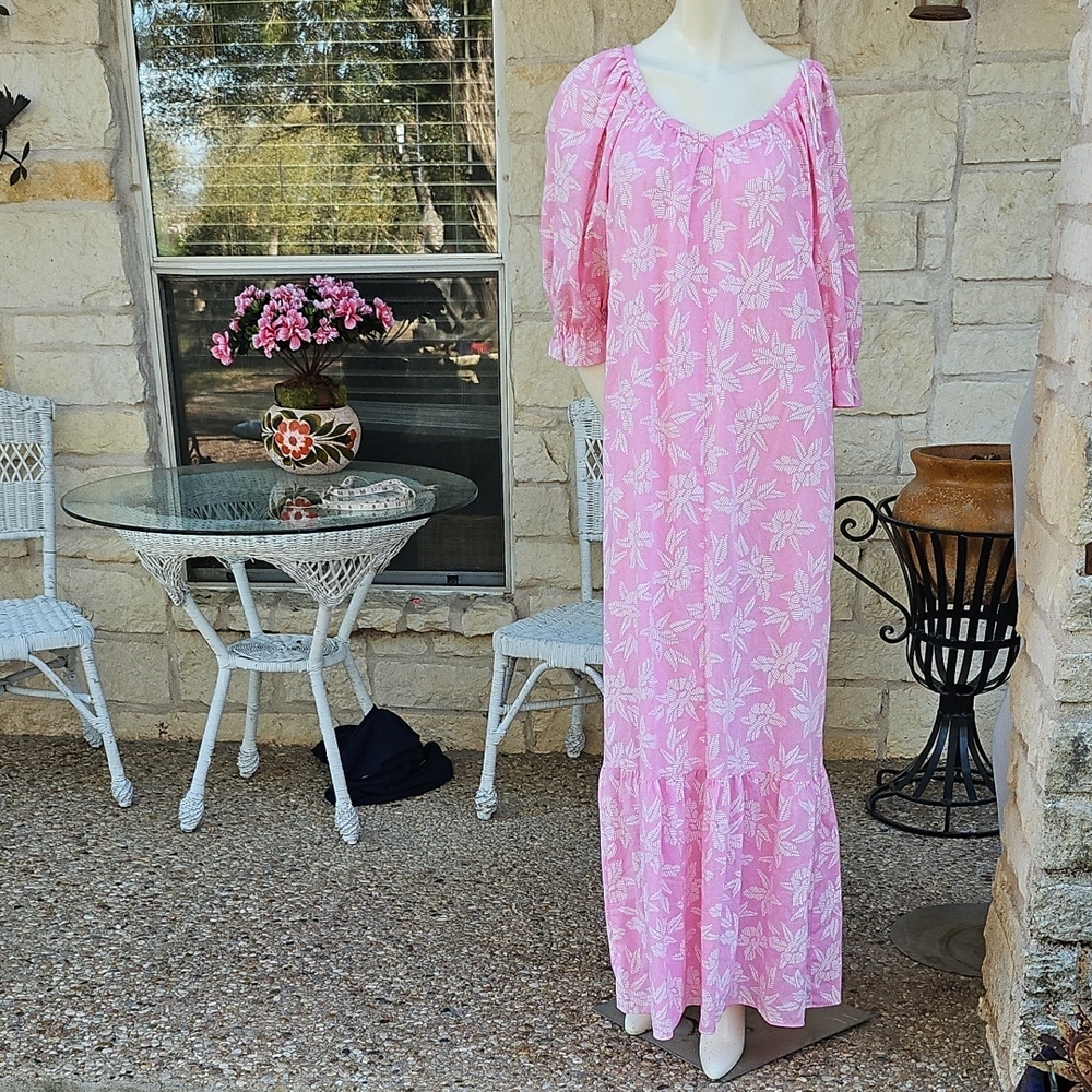 Vintage SIDAN HAWAIIAN Pink & White Floral Cotton Blend Maxi Resort Beach Dress